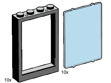 LEGO Produktset B001-1 - 1x4x5 Black Window Frames, Transparent Blue Panes